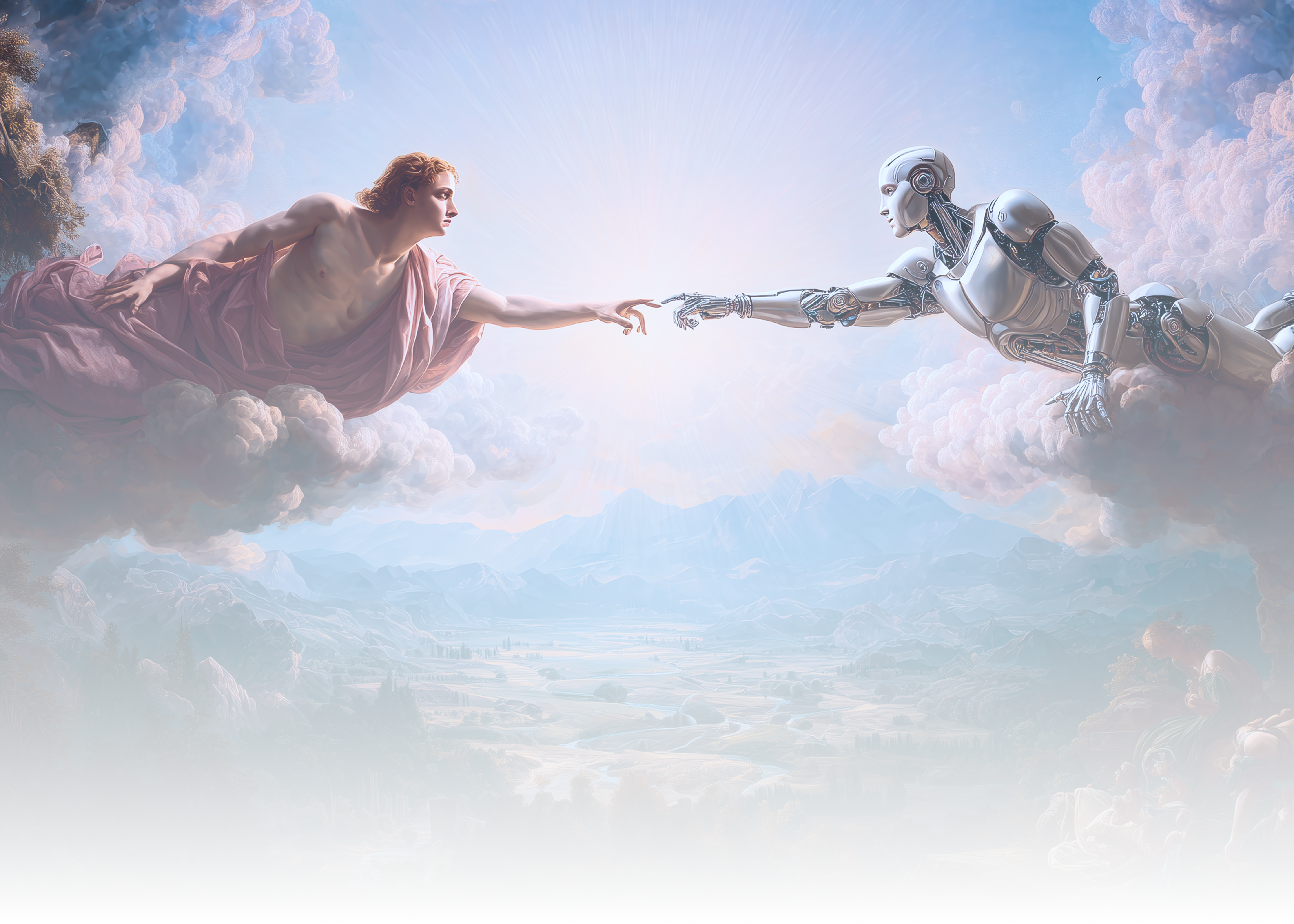 Renaissance-style artwork of human reaching toward robot